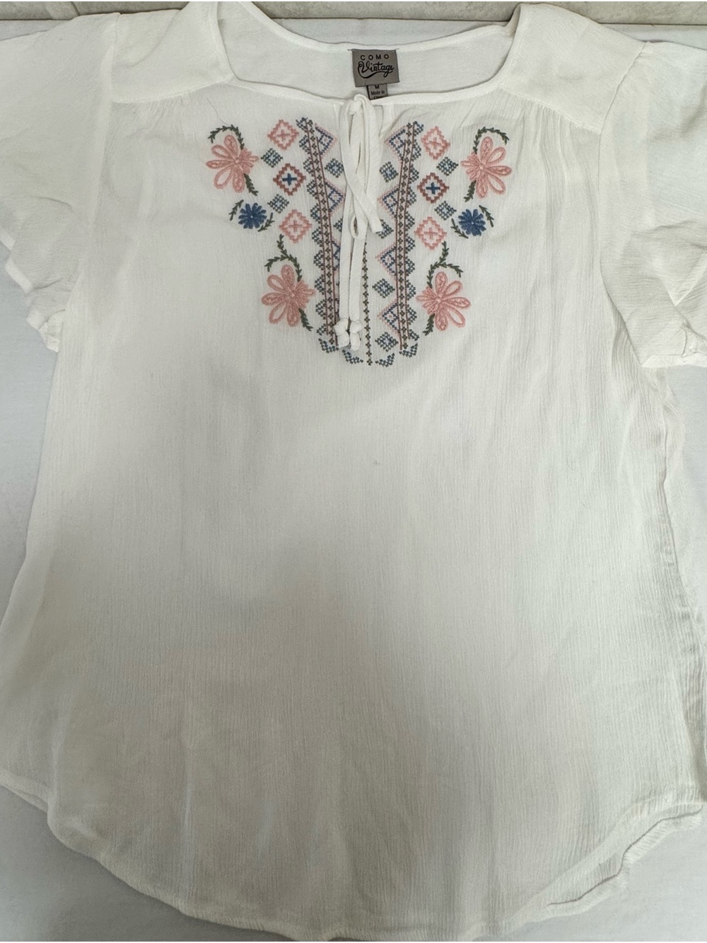 Como Vintage White Peasant Top with Pink & Blue Embroidery
